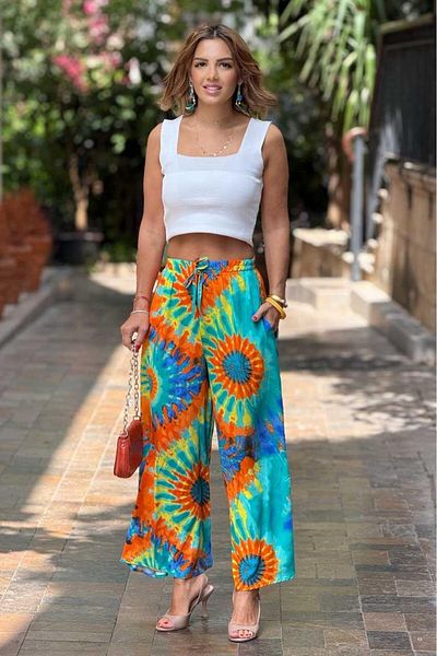 Nevin Kaya Moda Italian Turquoise Ethnic Patterned 100% Cotton Viscose Trousers
