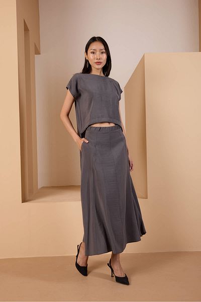 Bolivente Gray Loose Cut Elastic Waist Woven Skirt