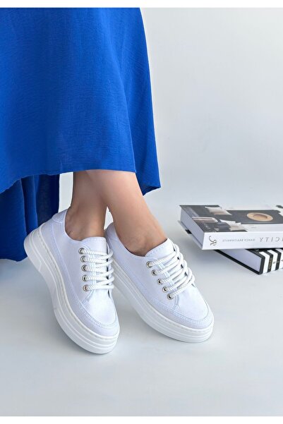Erbilden White Linen Lace-Up Sneakers