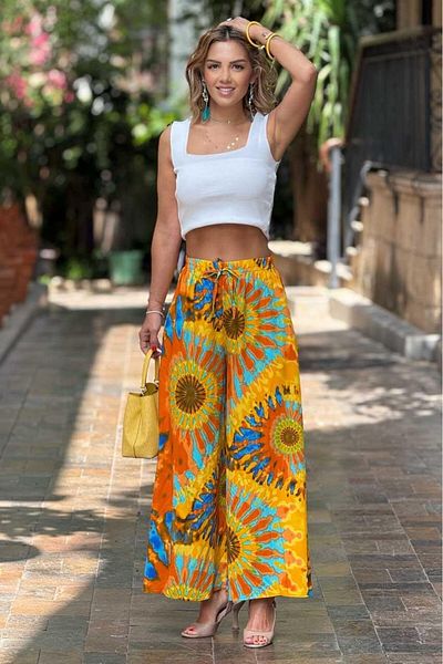 Nevin Kaya Moda Italian Yellow Ethnic Patterned 100% Cotton Viscose Trousers