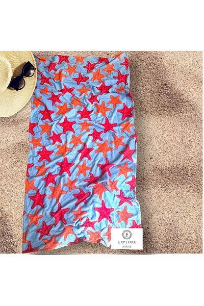 Explore Home , Star, Patterned, Beach, Towel - Blue