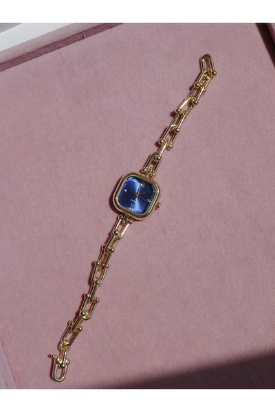 Reorah Collection Golden Chain Blue Watch-Square Navy Blue Chain Watch
