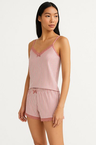 HNX Cotton Collar Lace Detailed Thin Straps Undershirt and Shorts Women's Pajamas Set
