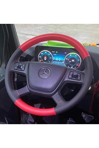 HASBAY DİKİŞLİ DİREKSİYON KILIFI SİYAH / KIRMIZI DERİ KIRMIZI Dİ. MERCEDES TI...