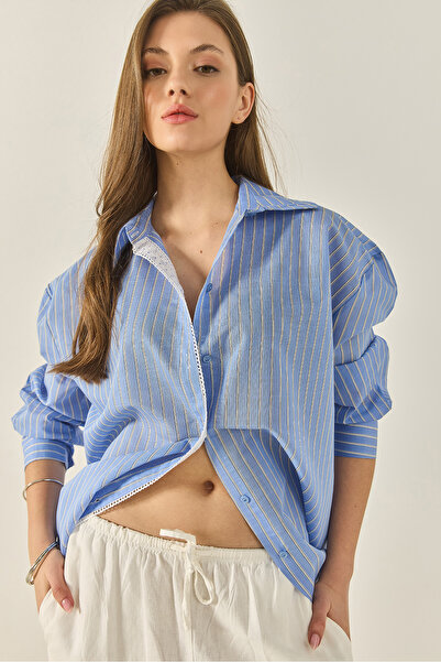 Bianco Lucci Women's Lace Detailed Striped Oversize Modal Shirt 4792 60281050