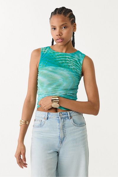 Stradivarius Printed draped tulle top ADHA