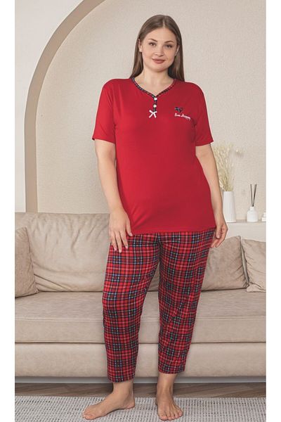 Asel Large Size Red Short Sleeve Bamboo Pajama Set