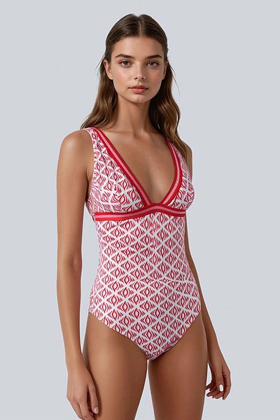 Kom Patterned V-Neck Swimsuit Red
