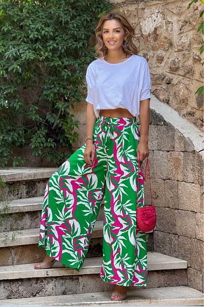 Nevin Kaya Moda Italian Green Leaf Patterned 100% Cotton Viscose Trousers