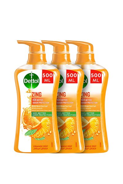 Dettol Zing Antibacterial Shower Gel And Body Wash, Orange Zest, 500ml X3