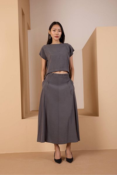 Bolivente Gray Loose Cut Elastic Waist Woven Skirt