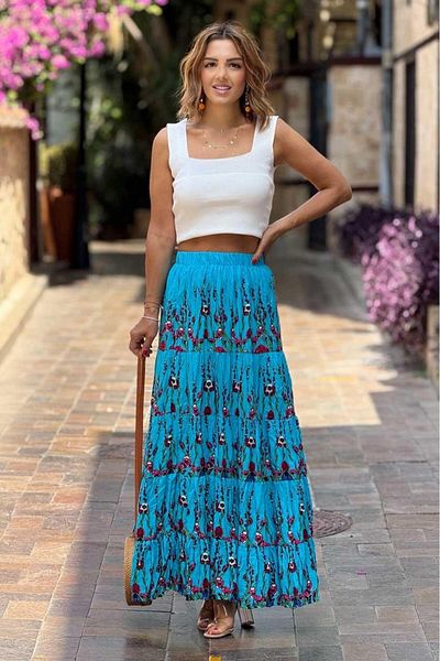 Nevin Kaya Moda Turquoise Spring Branch Patterned 100% Cotton Viscose Skirt