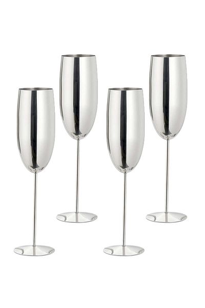 Quasar & Co. Set of 4 Champagne Glasses, ®, Stainless Steel, H 25 Cm, ​​260 Ml, Silver