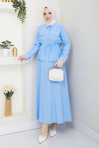 Tesettür Dünyası Elastic Waist Skirt Suit Tsd250164 Baby Blue