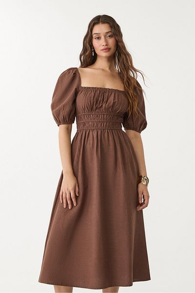 Stradivarius Linen Blend Puff Sleeve Midi Dress Adha