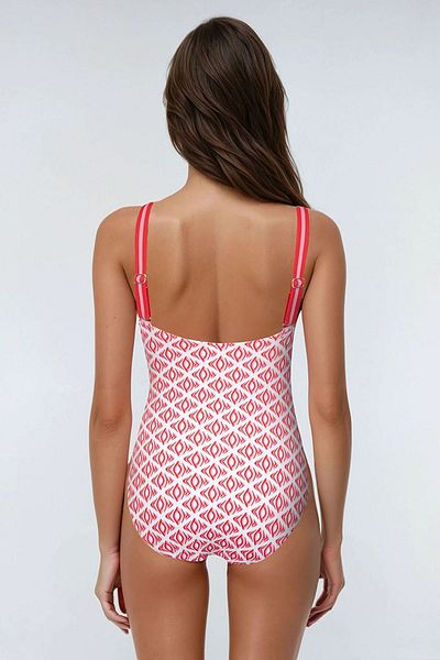 Kom Patterned V-Neck Swimsuit Red