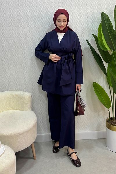 Tesettür Diyarı Women's Summer Fabric Waist Belt Detailed 2-Piece Set - Navy Blue
