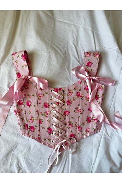 SARA Clothessy Vintage Gül Çicek Desenli Pembe Korse Büstiyer