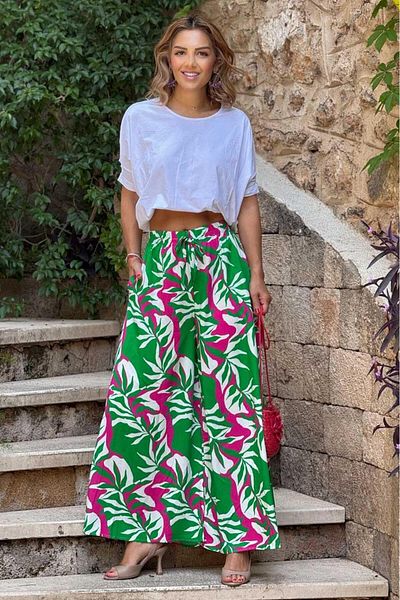 Nevin Kaya Moda Italian Green Leaf Patterned 100% Cotton Viscose Trousers