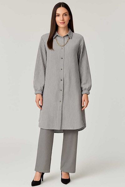 gigigiyim Stripe Patterned Wrinkled Fabric Double Set Gray