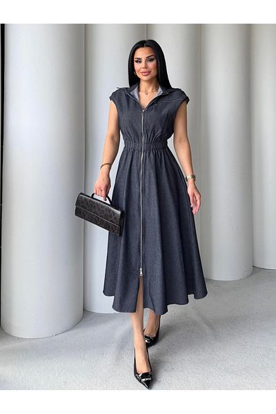 HARMONY GLOBAL Rochie de damă cu talie elastică, cu fermoar, din denim, lungime midi 7273