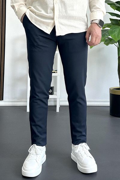 Edwox Men's Buttoned Waist Cotton Slim Fit Trousers Navy Blue Edw364