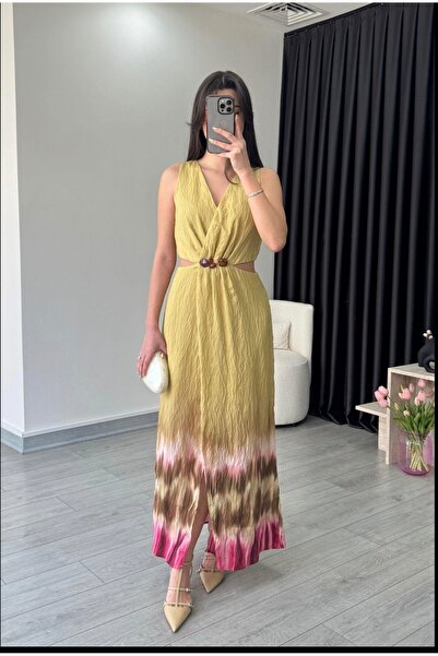 Jungle Boncuk Detay V yaka Dokulu Maxi Sarı Elbise