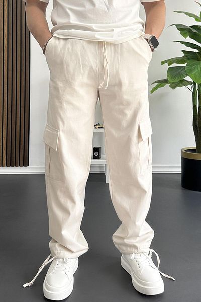 Edwox Men's Cargo Pocket Adjustable Leg Baggy Trousers Cream Edw355