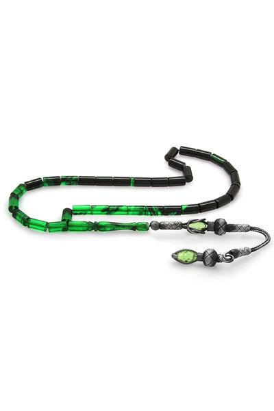 Tesbihane 1000 Sterling Silver Kazaz Tasseled Cut Cut Filtered Green-black Fire Amber Prayer Beads
