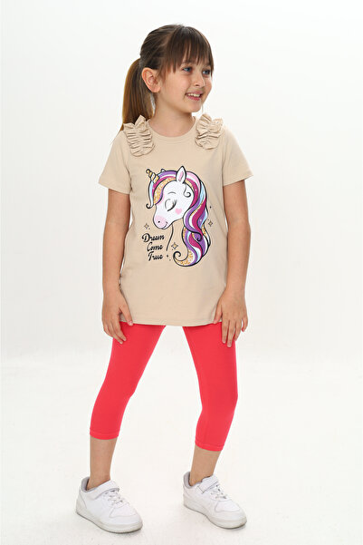 Sevimli Girl's Summer T-Shirt & Leggings Set with Ruffles and Unicorn Pattern