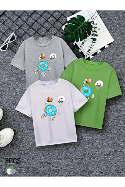 MORNİNG KİDS Μπλουζάκι μπάσκετ με ντόνατ 3 συσκευασιών για αγόρια με στάμπα π...