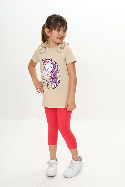 Sevimli Girl's Summer T-Shirt & Leggings Set with Ruffles and Unicorn Pattern