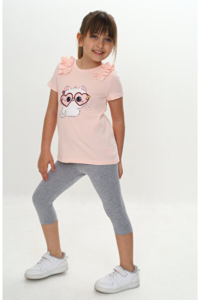 Sevimli Girl's Summer T-Shirt & Leggings Set with Ruffled Glasses and Cat Pattern