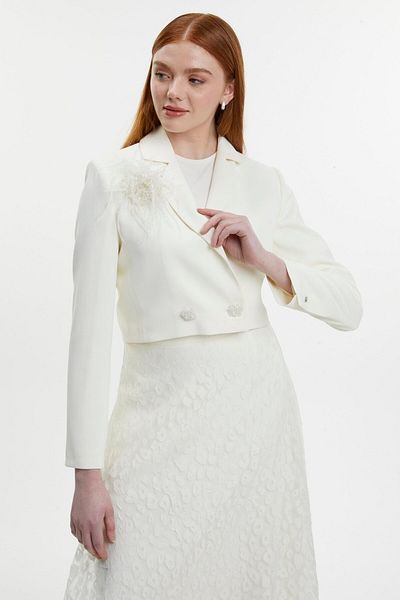 Zühre Double Breasted Collar Accessory and Button Detailed Skirt Jacket Ecru Double Suit Tk-1513