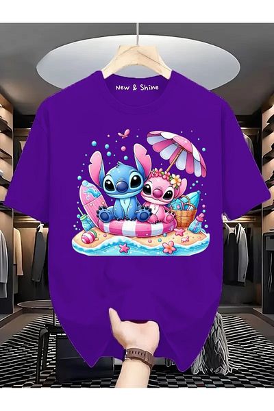 New Shine Stitch and Angel Printed Large Size Oversize T-Shirt