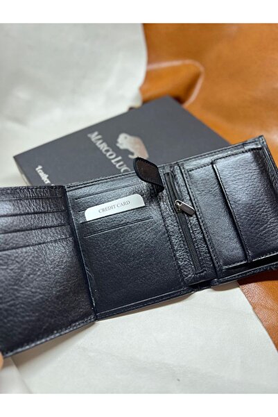 Tarz Genuine Leather Black Men's Coin Compartment Wallet