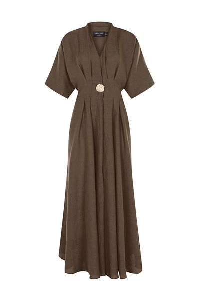 Exquise Button Detailed Waist Fitted A-Line Midi Linen Dress