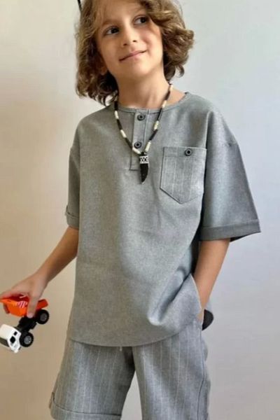 Kidmark Çocuk Modası Boy's Striped Pocket Detailed Gray Linen Suit
