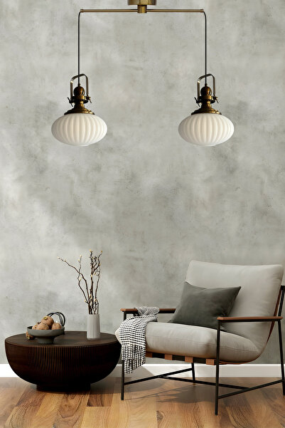 Bamyum Elegant Cam Beyaz İkili Metal Çubuk Avize Eskitme Başlık Sarkıt Lamba Salon Aydınlatma