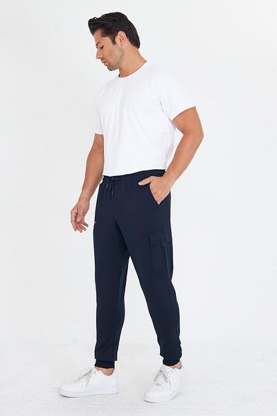 Marco Ferry Men's Cotton Cargo Pocket Sweatpants Navy Blue 5821-L