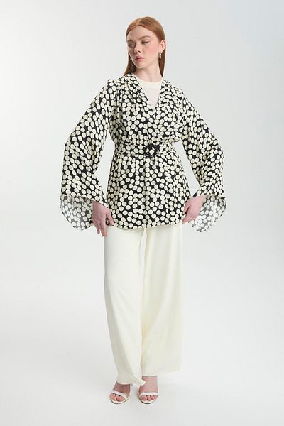 Zühre Polka Dot Patterned Belted Ecru Triple Combination Suit Tk-1495