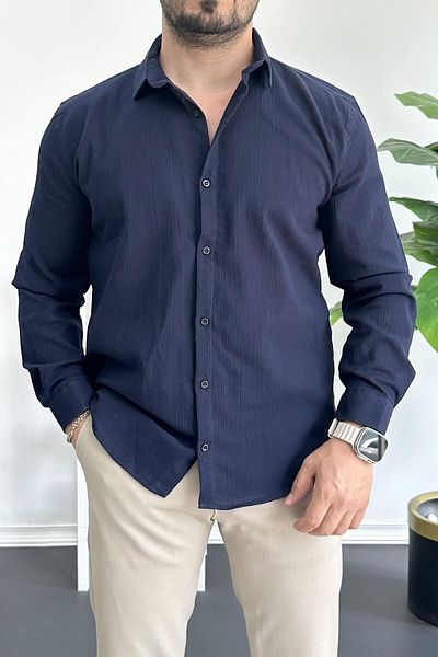 Edwox Ανδρικό πουκάμισο από ύφασμα Crinkle Navy Blue Edw362