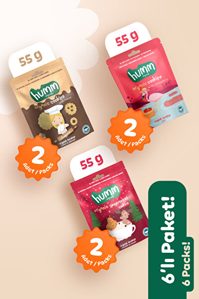 Humm Organic Organik Vegan Zencefilli Tahinli ve Çilekli Tatlı Kurabiyeler Atıştırmalık Paketi - 6 adet (3 çeşit)