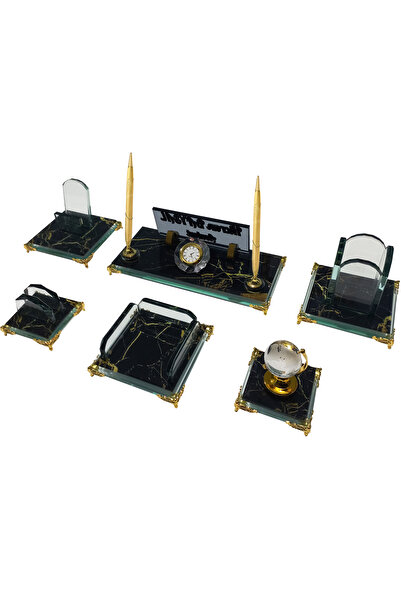 Sentez Masa Üstü İsimlik Safir Mermer Desenli Kristal Masa İsimliği Ofis Masa Seti