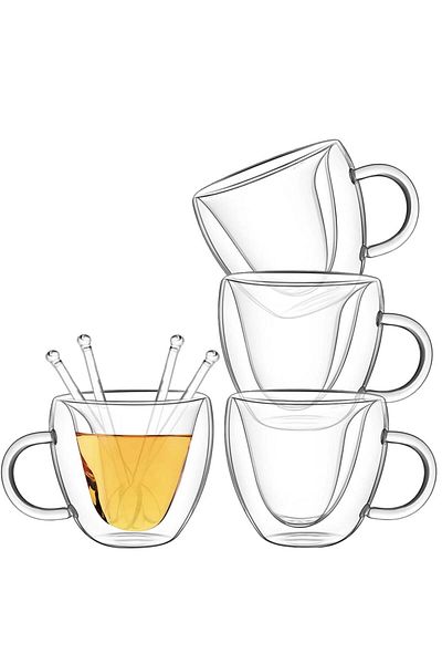 Quasar & Co. Set of 4 double-walled mugs and 4 Quasar & Co.® spoons, 250 ml, heart-shaped interior, heat-resistant