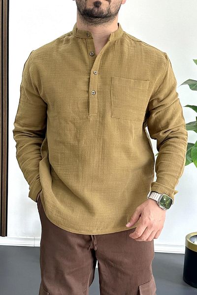 Edwox Men's Judge Collar Half Placket Pocket Shirt Mustard Edw361