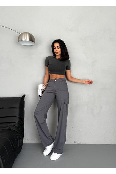 MossMoi Anthracite Cargo Pocket Lycra High Waist Wide Leg Trousers