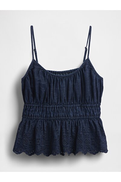 GAP Kadın Lacivert Büzgülü Eyelet Denim Cami Bluz