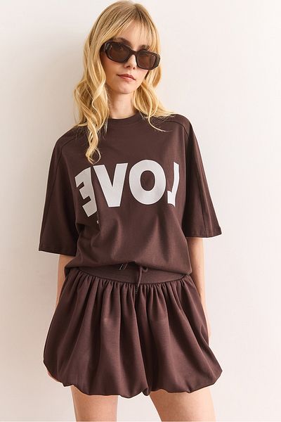 Olalook Women's Brown Love Printed Balloon Skirt Cotton Suit Tkm-19000381