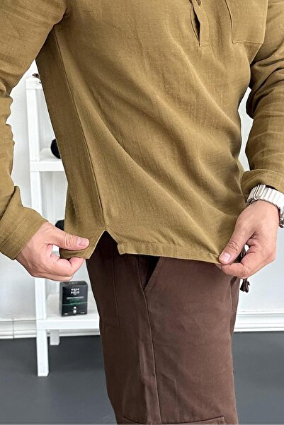 Edwox Erkek Hakim Yaka Yarım Patlı Cepli Gömlek Hardal Edw361